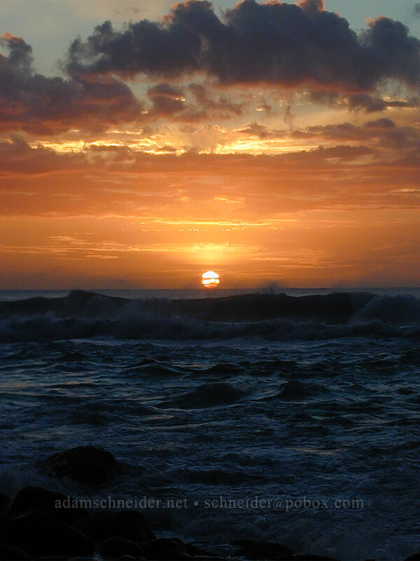 sunset over waves [Ke'e Beach, Ha'ena State Park, Kaua'i, Hawaii]