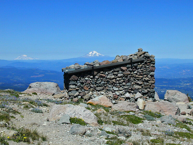 Mt. Rainier, Mt. Adams, & stone shelter [Cooper Spur Trail, Mt. Hood Wilderness, Hood River County, Oregon]