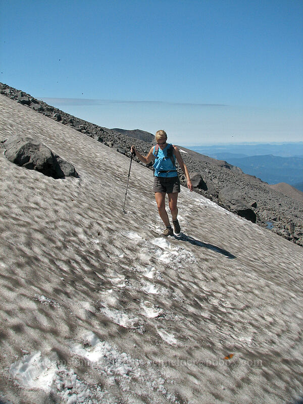 Amber traversing a snowfield [Cooper Spur trail, Mt. Hood Wilderness, Hood River County, Oregon]