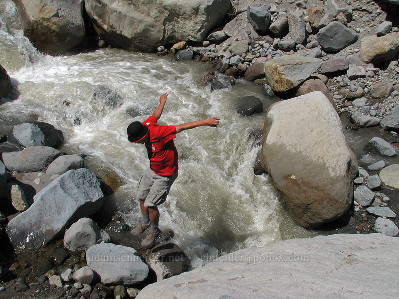 broad-jumping across Newton Creek [Timberline Trail, Mt. Hood Wilderness, Hood River County, Oregon]