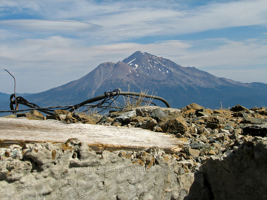 Mount Shasta & lookout ruins [summit of Mt. Eddy, Shasta-Trinity National Forest, Siskiyou County, California]