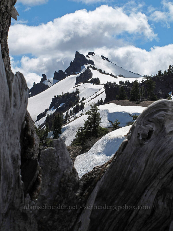 Hillman Peak through old wood [Rim Drive, Crater Lake National Park, Klamath County, Oregon]