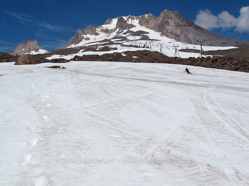 downhill skiers [above Timberline Lodge, Mt. Hood National Forest, Clackamas County, Oregon]
