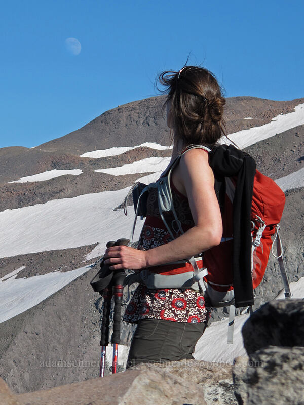 Tracy & the moon [Barrett Spur, Mt. Hood Wilderness, Hood River County, Oregon]