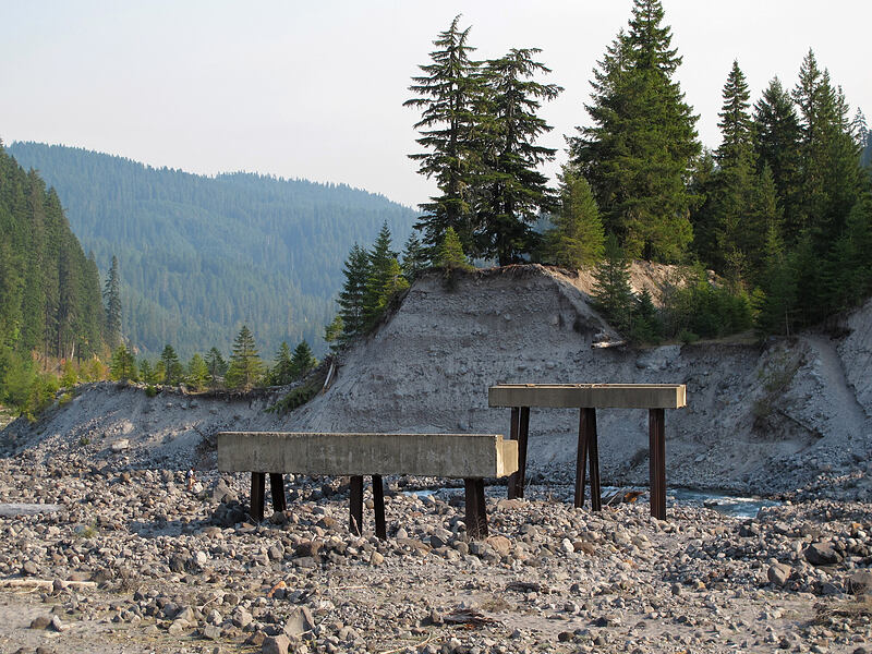 washed-out bridge supports [Muddy River, Mt. St. Helens National Volcanic Monument, Skamania County, Washington]