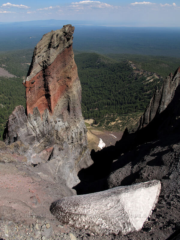 a big pinnacle and a snowfield [Mt. Thielsen's southwest face, Mt. Thielsen Wilderness, Douglas County, Oregon]