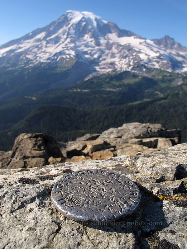 USGS benchmark & Mt. Rainier [Pinnacle Peak summit, Mount Rainier National Park, Lewis County, Washington]