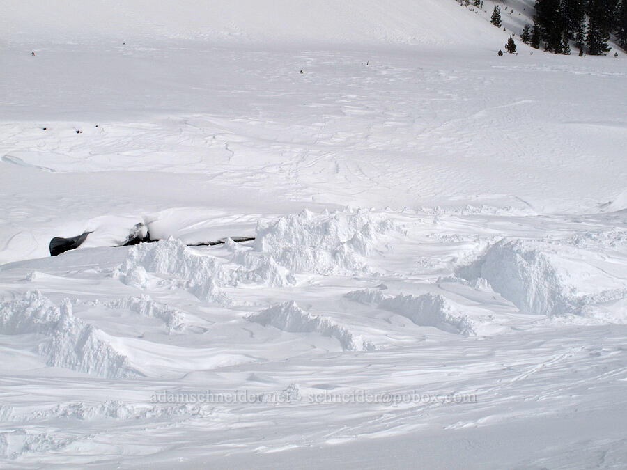 weird snow ridges by the river [White River Canyon, Mt. Hood National Forest, Hood River County, Oregon]
