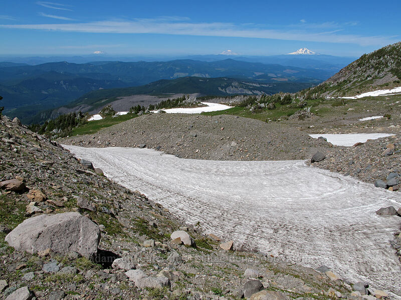 snowfield & three volcanoes [Ladd Glacier moraine, Mt. Hood Wilderness, Hood River County, Oregon]
