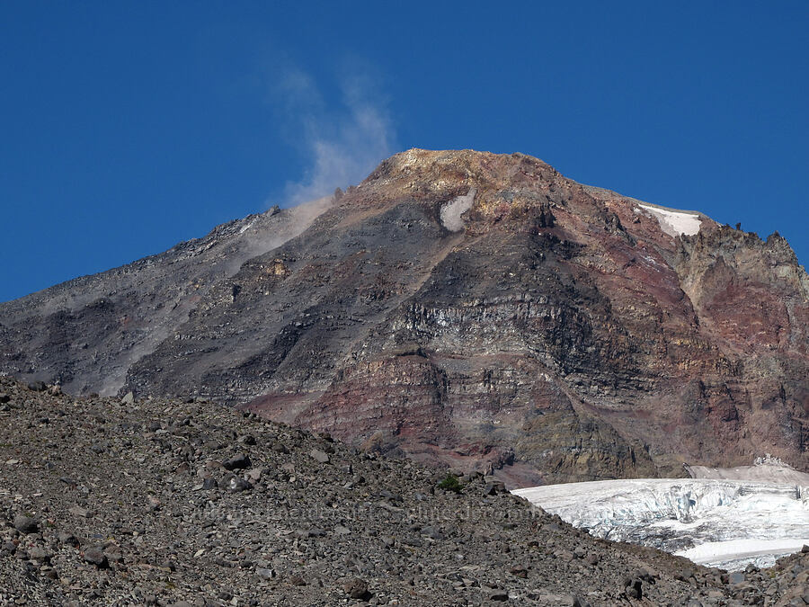 dust cloud from rockfall on Middle Sister [Middle Sister climber's trail, Three Sisters Wilderness, Deschutes County, Oregon]