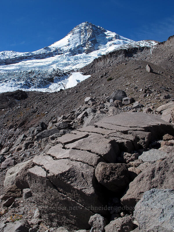 cracked rock & Mount Hood [Eliot Glacier moraine, Mt. Hood Wilderness, Hood River County, Oregon]