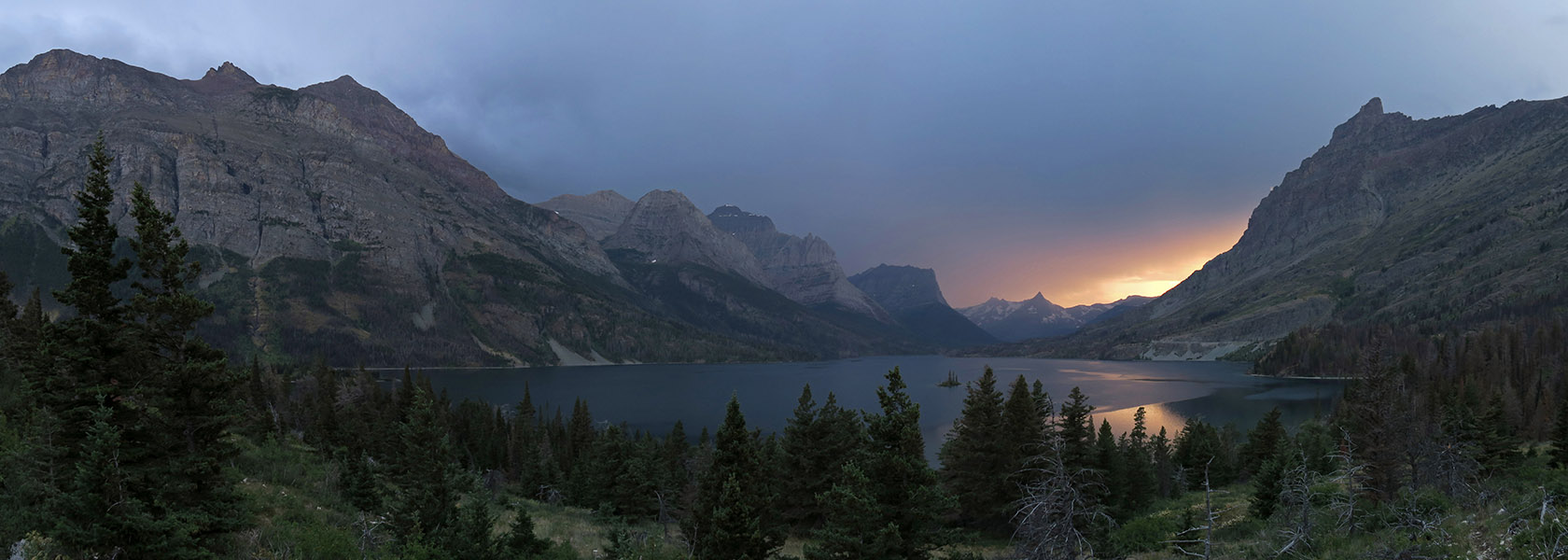 St. Mary Lake sunset panorama [Wild Goose Island Overlook, Glacier National Park, Glacier County, Montana]