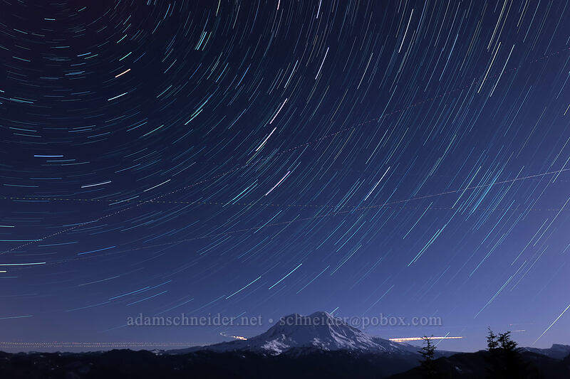 Mt. Rainier & star trails (and airplanes) [High Hut, Tahoma State Forest, Lewis County, Washington]