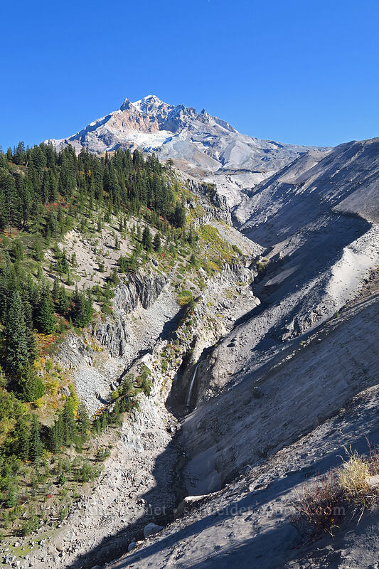 Mount Hood & waterfalls on Paradise Branch [Sandy River Canyon rim, Mt. Hood Wilderness, Clackamas County, Oregon]