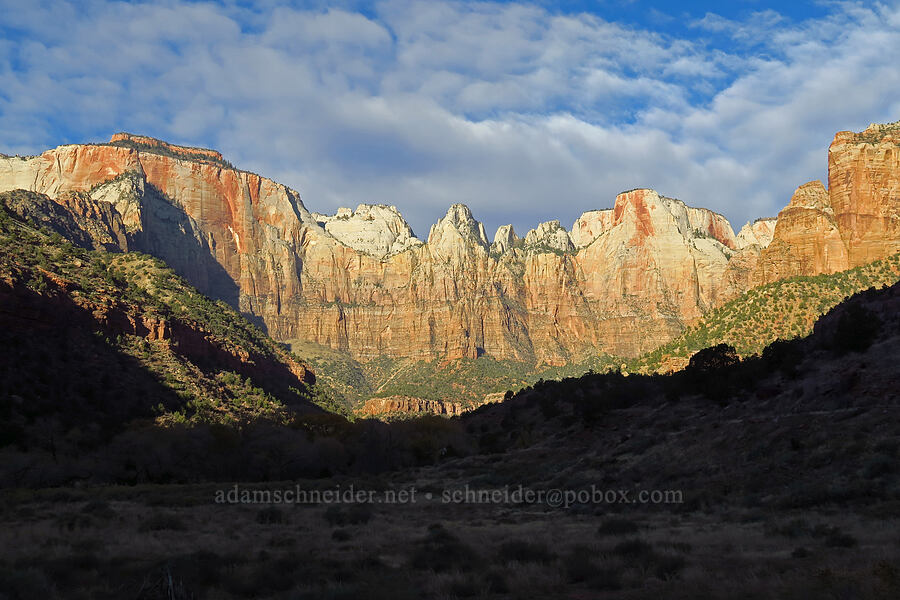 The West Temple, The Sundial, & Towers of the Virgins [Zion Human History Museum, Zion National Park, Washington County, Utah]