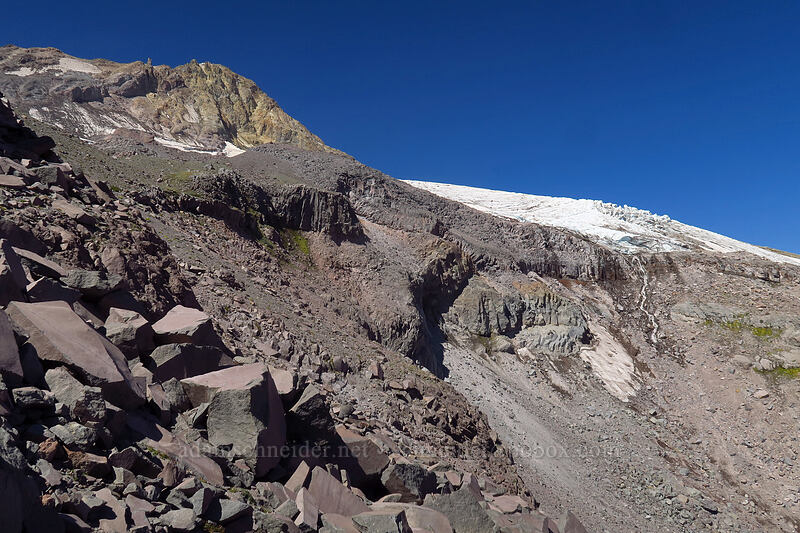 Mt. Hood's summit & Newton Clark Glacier [Newton Clark Ridge, Mt. Hood Wilderness, Hood River County, Oregon]
