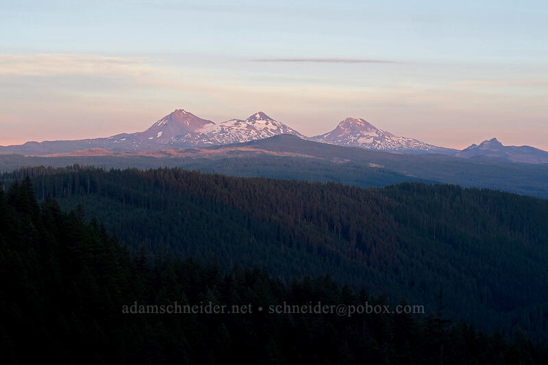 Three Sisters & The Husband at sunset [Forest Road 1598, Willamette National Forest, Linn County, Oregon]