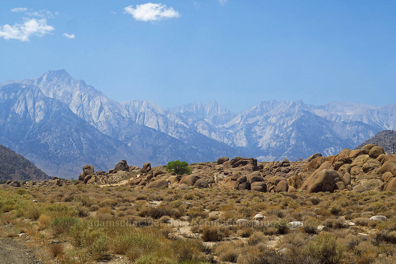Lone Pine Peak & Mt. Whitney, through haze [Whitney Portal Road, Inyo County, California]