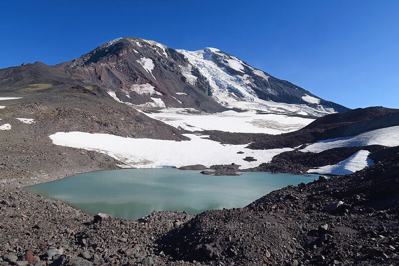 Mount Adams & a glacial lake [Adams Glacier moraine, Mt. Adams Wilderness, Yakima County, Washington]