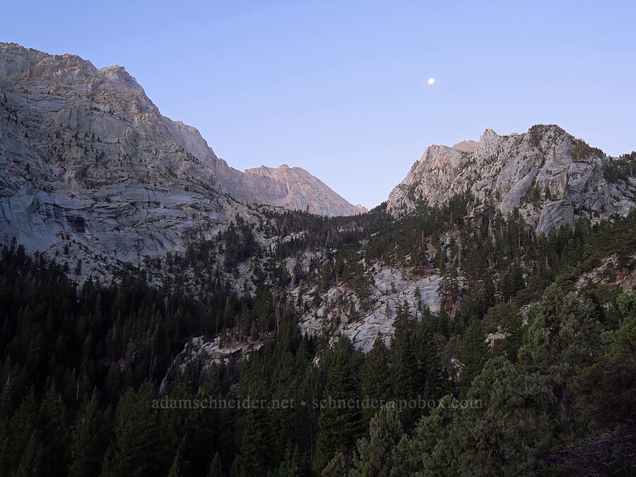 Lone Pine Creek Valley & the moon [Mount Whitney Trail, Inyo National Forest, Inyo County, California]