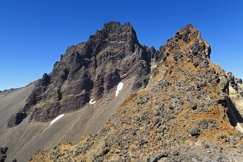 Three-Fingered Jack & yellow volcanic rock [Three-Fingered Jack's east ridge, Mt. Jefferson Wilderness, Jefferson County, Oregon]