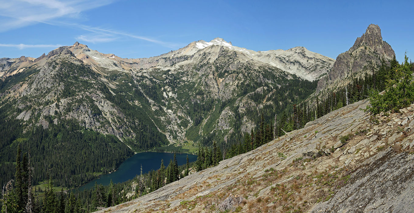 The Citadel, Mt. Daniel, & Cathedral Rock (panorama) [Deep Lake Ridge, Alpine Lakes Wilderness, Kittitas County, Washington]