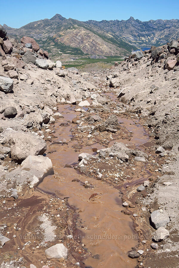 brown stream, downstream [Loowit Trail, Mt. St. Helens National Volcanic Monument, Skamania County, Washington]