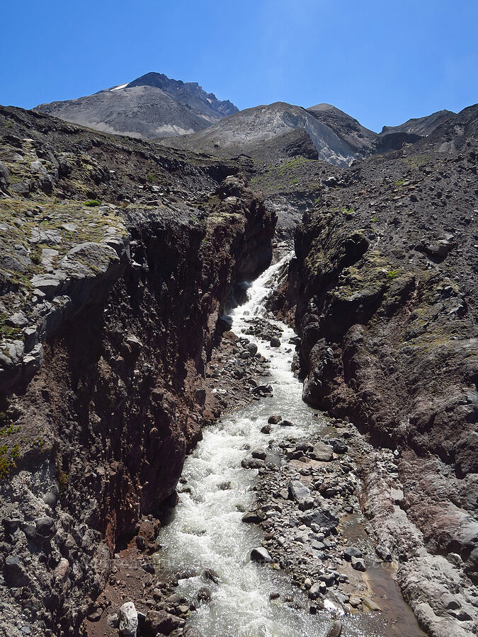 waterfall & a narrow gorge [Sasquatch Steps, Mt. St. Helens National Volcanic Monument, Skamania County, Washington]