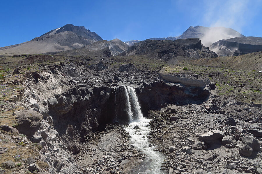 waterfall & blowing dust [Sasquatch Steps, Mt. St. Helens National Volcanic Monument, Skamania County, Washington]
