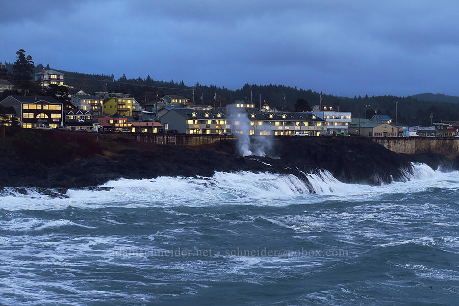 sunset light on windows in Depoe Bay [North Point, Depoe Bay, Lincoln County, Oregon]